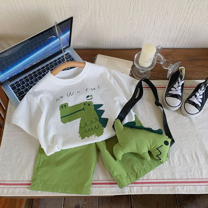 Children's suit Bangcheng 2024 summer boy short-sleeved T-shirt + shorts with dinosaur bag two-piece suit trendy F0216