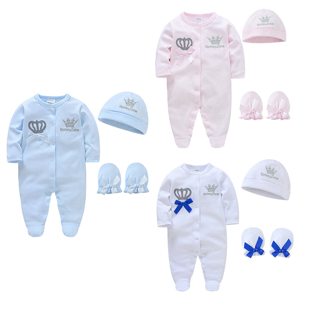 Baby jumpsuit three-piece set pure cotton 2024 autumn new long-sleeved hat gloves climbing clothes cross-border Amazon