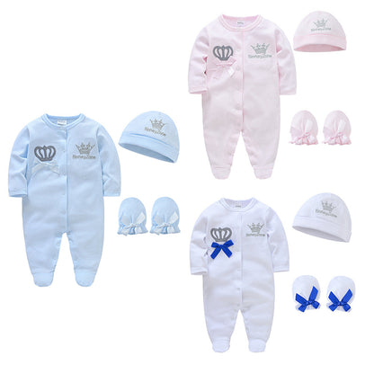 Baby jumpsuit three-piece set pure cotton 2024 autumn new long-sleeved hat gloves climbing clothes cross-border Amazon