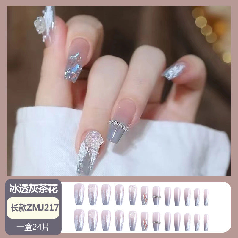 Hand-made wearable nail pieces wholesale medium and long ice camellia chain nail patches removable nail art finished products