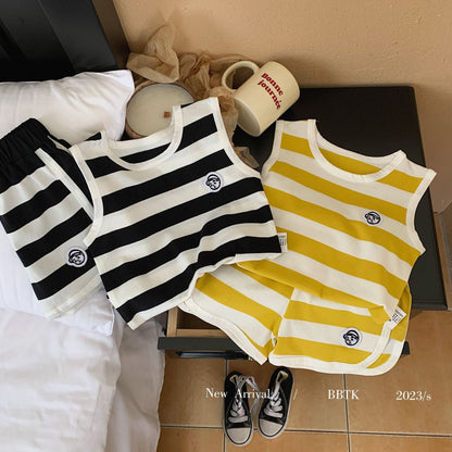 Children's suit 2023 Bangcheng summer style boys and girls Korean version striped label casual vest two-piece suit trendy F0233