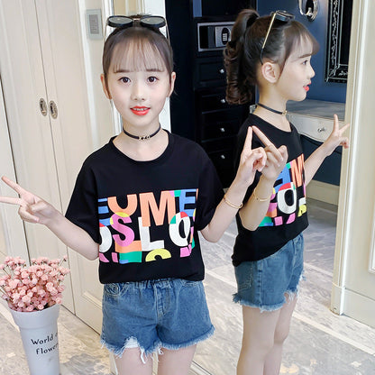 Girls summer short-sleeved T-shirt 2024 new style children's letter printed cotton top loose casual T-shirt