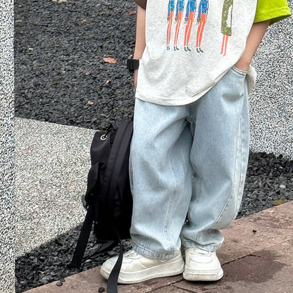 Amo Beibei children's 2024 summer spliced twill soft jeans for boys and girls Korean version handsome washed straight trousers