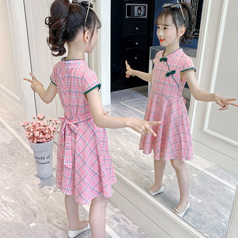 Girls short-sleeved cheongsam dress 2024 summer new Chinese style retro style dress Western style cotton plaid skirt