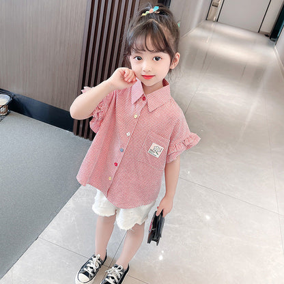 Girls summer shirt plaid fragrant style embroidery kindergarten primary school plaid lace wood ear edge cotton cloth net celebrity short sleeve