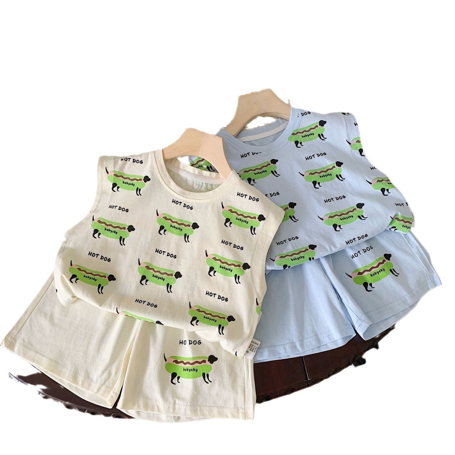 Children's suit 2024 summer sleeveless T-shirt children's clothing full print hot dog vest + shorts casual two-piece suit G0231