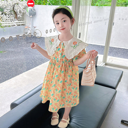 Girls summer floral cotton dress puff sleeves pure cotton pastoral style doll collar small children kindergarten sweet