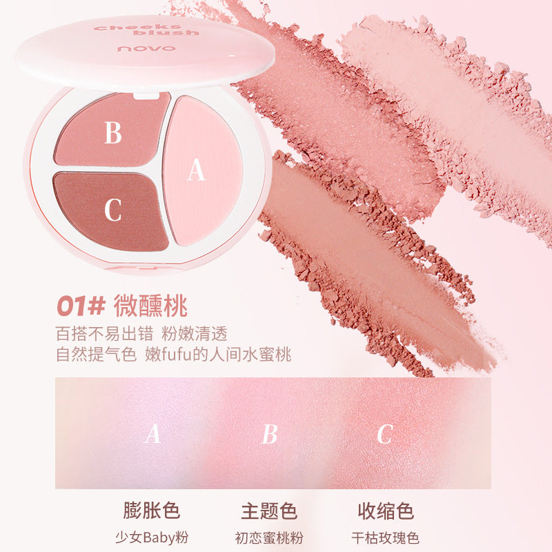 NOVO Emotional Three Color Blush Palette មានម្សៅផាត់ធម្មជាតិ មិនងាយប្រឡាក់ ងាយស្រួលលាប ម៉ត់រលោង ភ្លឺថ្លាបែបធម្មជាតិ។ 