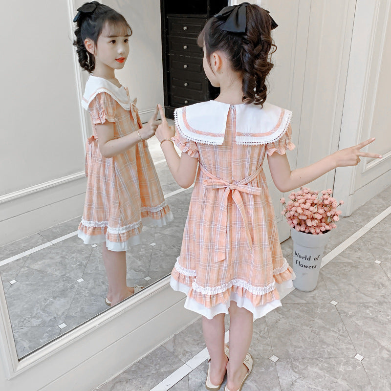 Girls short-sleeved dress summer new style college style bow dress Lolita skirt JK uniform plaid skirt