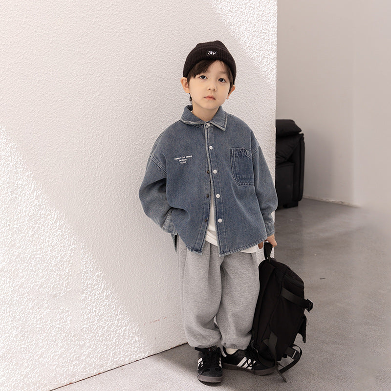 Amo Beibei 2023 Winter Children's Thickened Warm Shirt Boys and Girls Aoliang Velvet Handsome Letter Denim Jacket