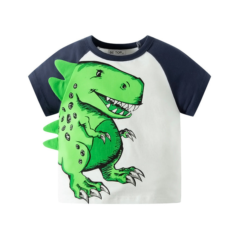 2024 New Children's Cartoon Dinosaur Pattern Sleeve Cotton Boys T-shirt Half Sleeve Sweatshirt Korean Version One Piece Delivery