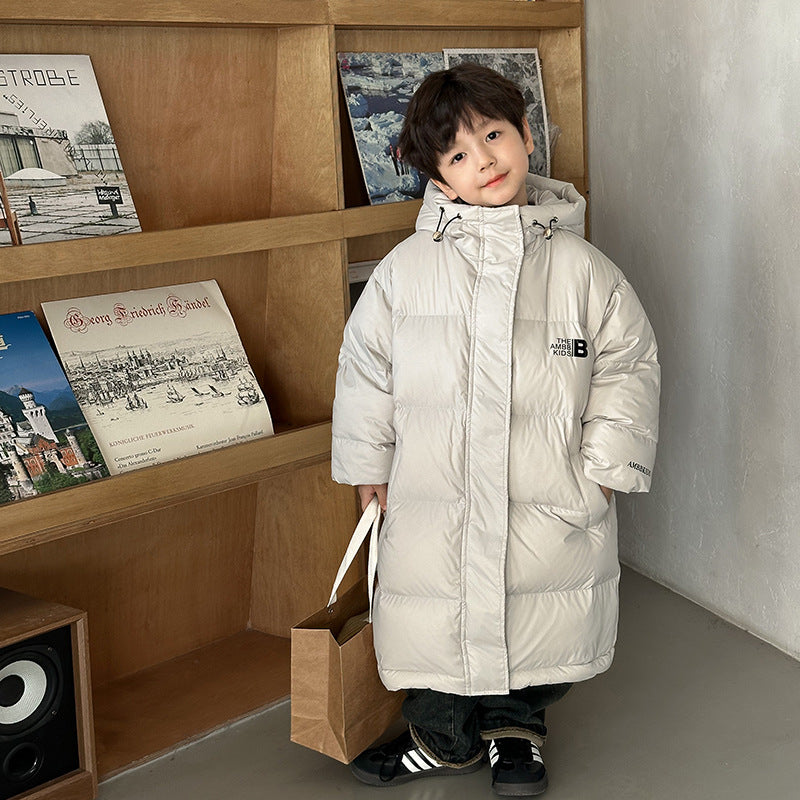 New national standard Aimo Beibei children's medium and long hooded down jacket for boys and girls 90 white duck down warm coat