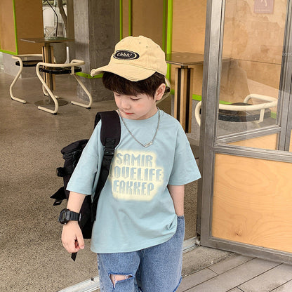 Amo Beibei children's versatile loose tops 2024 summer boys baby stylish soft cotton letter short-sleeved T-shirt