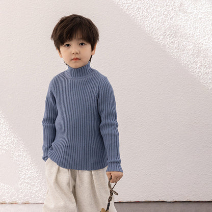 Amo Beibei 2023 Winter Children's Thickened All-match Knitted Sweater Baby Pit-lined Middle-neck Warm Fiber Velvet Sweater