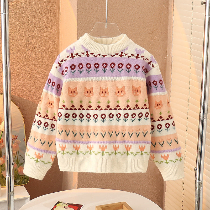 Boys and girls winter thickened sweater cartoon sweater thick wool bottom round neck street style children kindergarten soft