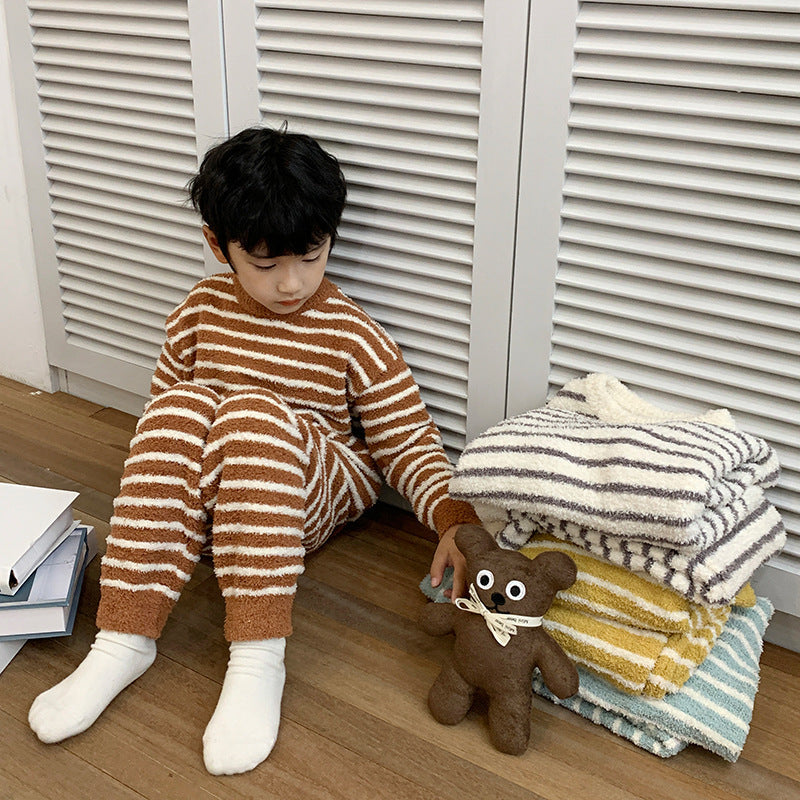 Amo Beibei children's 2024 winter thick warm home clothes boys and girls Korean velvet striped pajamas set trend