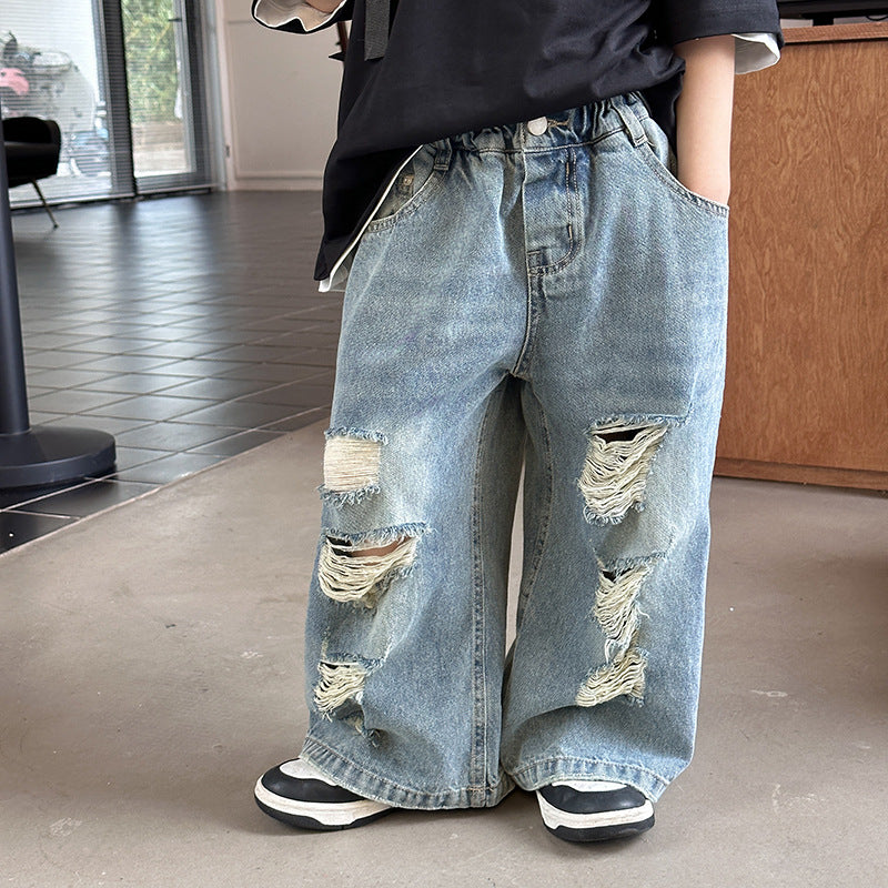 Amo Beibei children's pants 2024 spring style ripped straight jeans for boys and girls handsome personality trousers