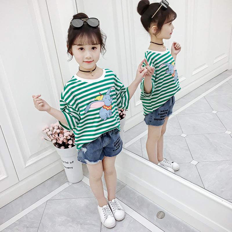 Children's clothing girls summer short-sleeved T-shirt 2024 new children's striped tops for middle and large children round neck cartoon T-shirt