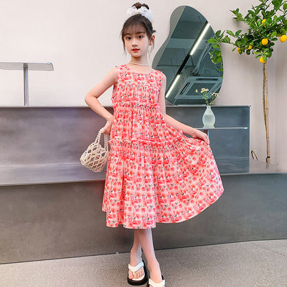 Girls summer cotton skirt pure cotton dress floral Korean vest skirt middle and older children primary school middle school foreign style fashionable