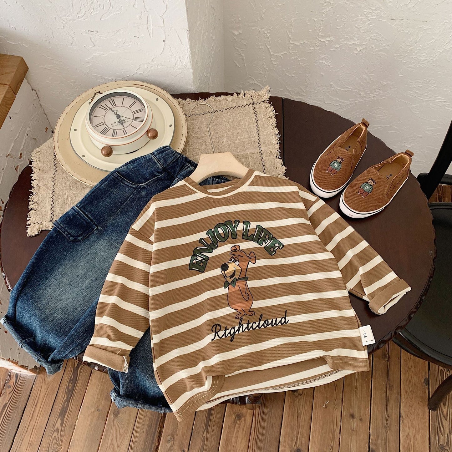 Bangcheng Boys' Base Shirt 24 Spring New Products Children's T-shirt Striped Bear Printed Long Sleeve Casual Top G0003