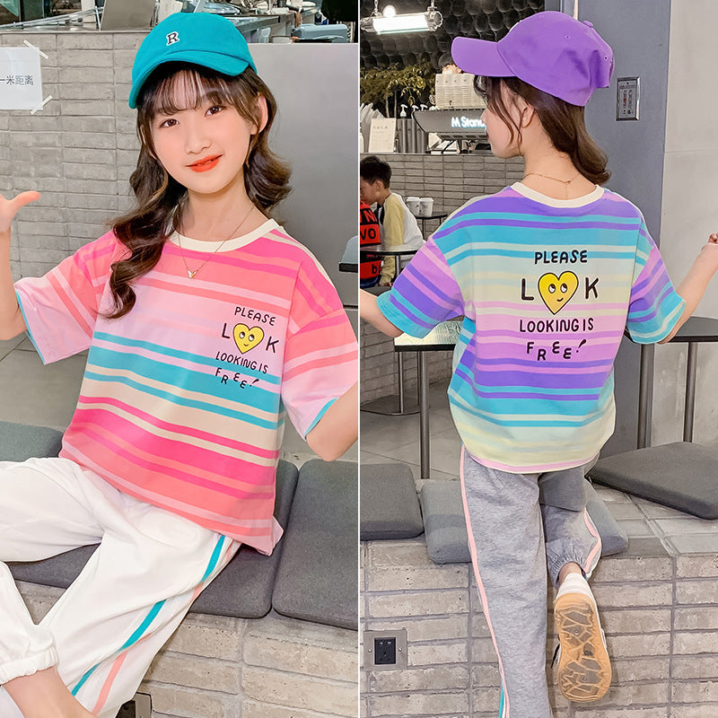 Girls and boys summer short-sleeved tops cotton round neck T-shirt striped shirt printed cartoon elastic loose fat for middle and large children