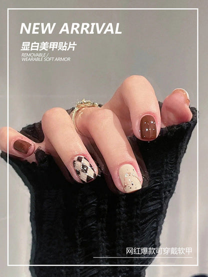 Wearable nail wholesale short spring and summer caramel color nail art finished product diamond grid nail patch removable false nail piece