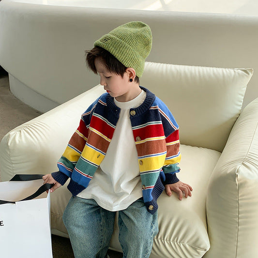 Amo Beibei children's 2024 spring colorful striped fashion knitted cardigan for boys and girls baby temperament sweater coat