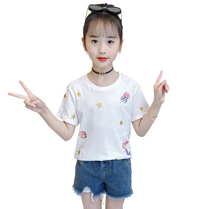 Girls summer short-sleeved T-shirt 2024 new fashion cartoon print loose T-shirt casual sports cotton top