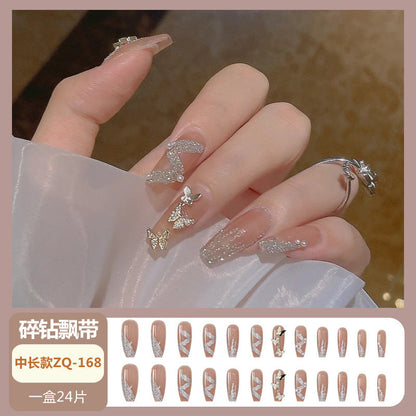 Wearable nail tips wholesale medium and long ice transparent oolong gradient peach nail art finished nail stickers false nails