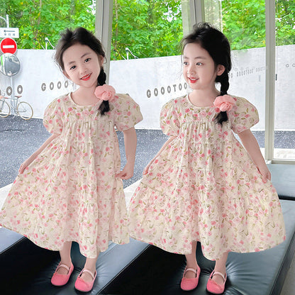 Girls Summer Cotton Floral Dress French Puff Sleeve Rose Loose Fat Cotton Doll Style Oil Painting Style