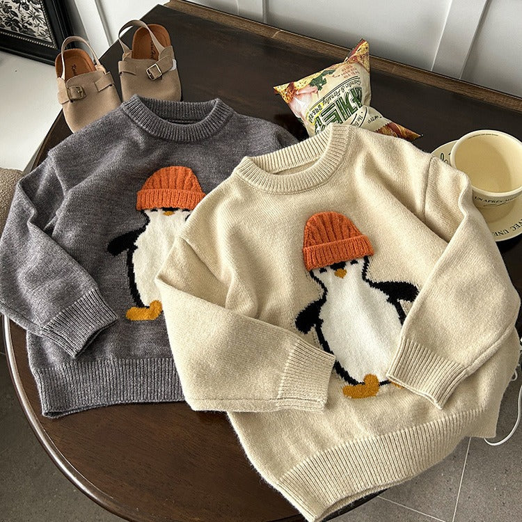 Amo Beibei children's 2023 winter warm sweater thick cute three-dimensional cartoon embroidery round neck knitted sweater trend