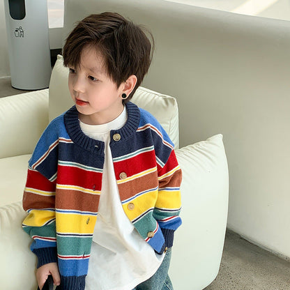 Amo Beibei children's 2024 spring colorful striped fashion knitted cardigan for boys and girls baby temperament sweater coat