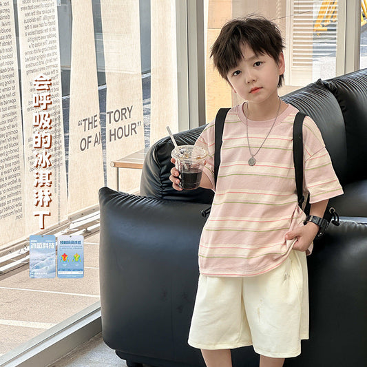 Amo Baby Children's 2024 Summer Style Western Style Short-sleeved Top Baby Color Striped Vitality Cotton Loose T-shirt Trendy