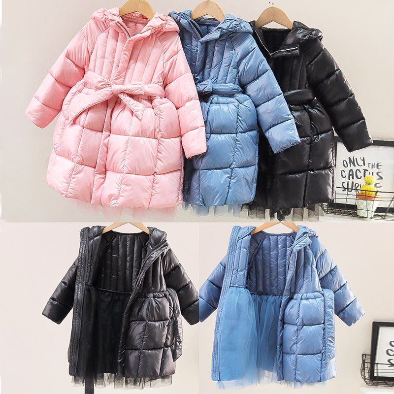 Girls winter long cotton coat elementary school students kindergarten cotton jacket skirt style Korean style bow princess dress