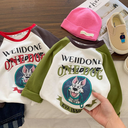 Children's T-shirt 2024 Bangcheng Spring New Boys and Girls Contrast Color Cartoon Raglan Sleeve T-shirt Loose Top C0255