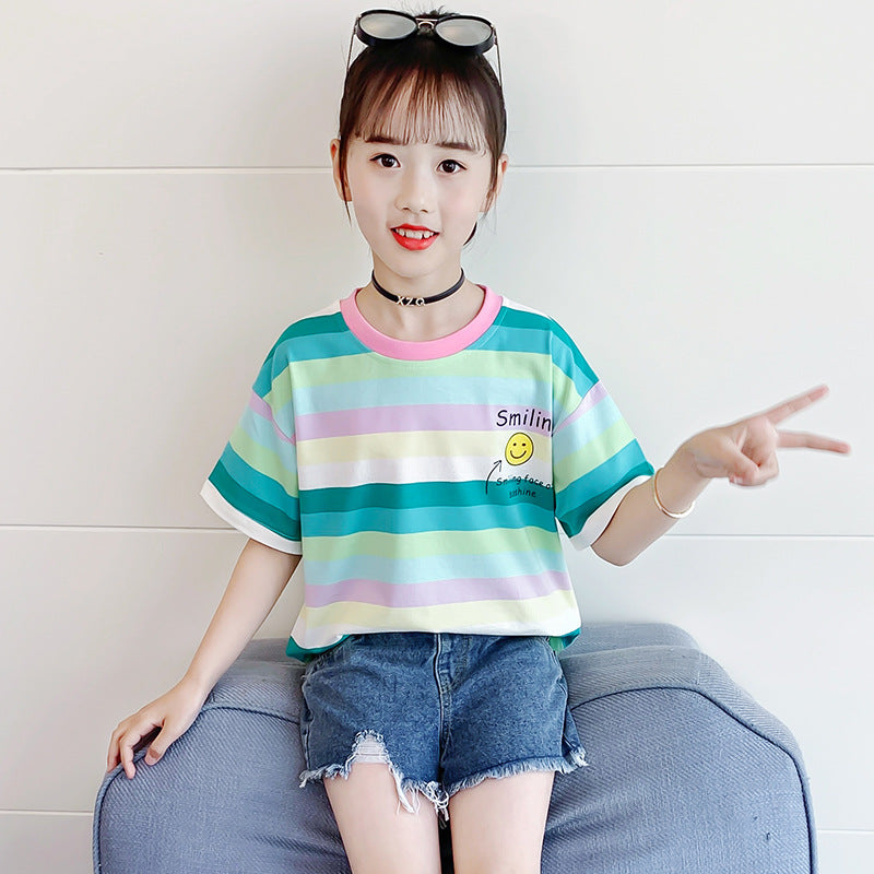 Girls summer T-shirt 2024 new medium and large children's striped color stripe short-sleeved top cotton rainbow casual T-shirt