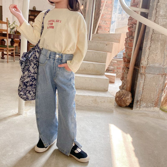 024 spring and autumn clothing for children and middle-aged children, new Korean style girls' jeans, children's straight slit jeans, fashionable trousers