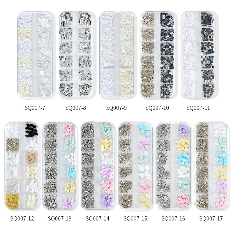 Nail art accessories aurora bow pearl rivet small accessories super flash small diamond 12 grid mixed nail decoration wholesale