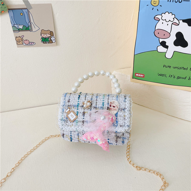 Children's messenger bag fashionable girl princess small fragrance style pearl hand-held change small shoulder bag cute girl shoulder bag 