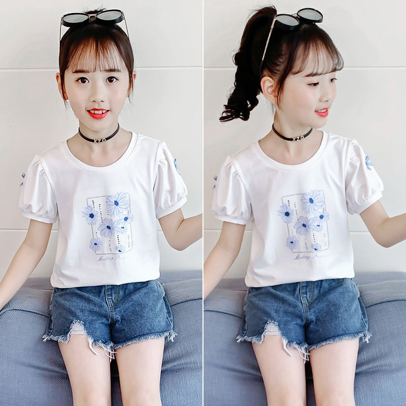 Girls short-sleeved T-shirt summer 2024 new children's trendy puff sleeve tops medium and large children's cotton printed T-shirt