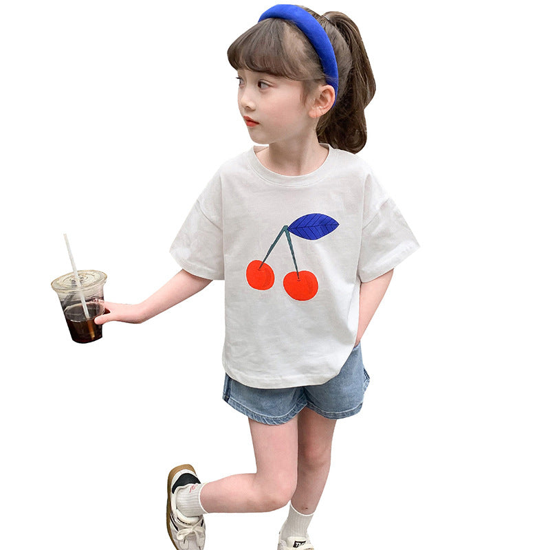 Girls Summer Short-sleeved T-shirt Cotton Top Children's Summer Style Net Red Cherry Print Kindergarten Elementary School Loose Elastic