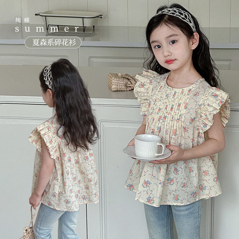 Summer children's cotton baby shirt pure cotton shirt Korean version of floral tops children's thin and cool loose flying sleeves French style