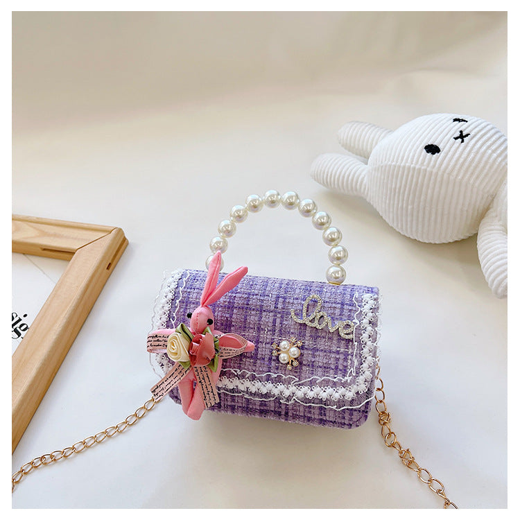 Children's pearl handbag 2024 new cotton and linen small square bag fashionable and cute girls decorative bag messenger bag 