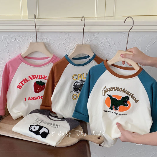 Children's T-shirt 2024 Bangcheng Spring Japanese style boys and girls baby towel embroidery cartoon raglan long-sleeved T-shirt tide F0363