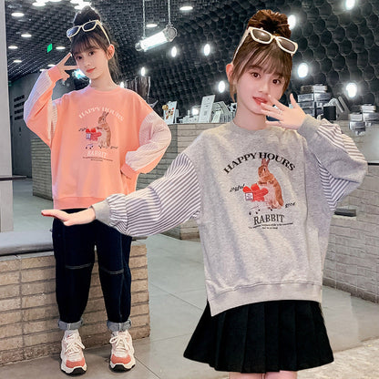 Girls autumn autumn bottoming shirt outer wear shirt striped print cartoon middle and large children school season elementary school students loose