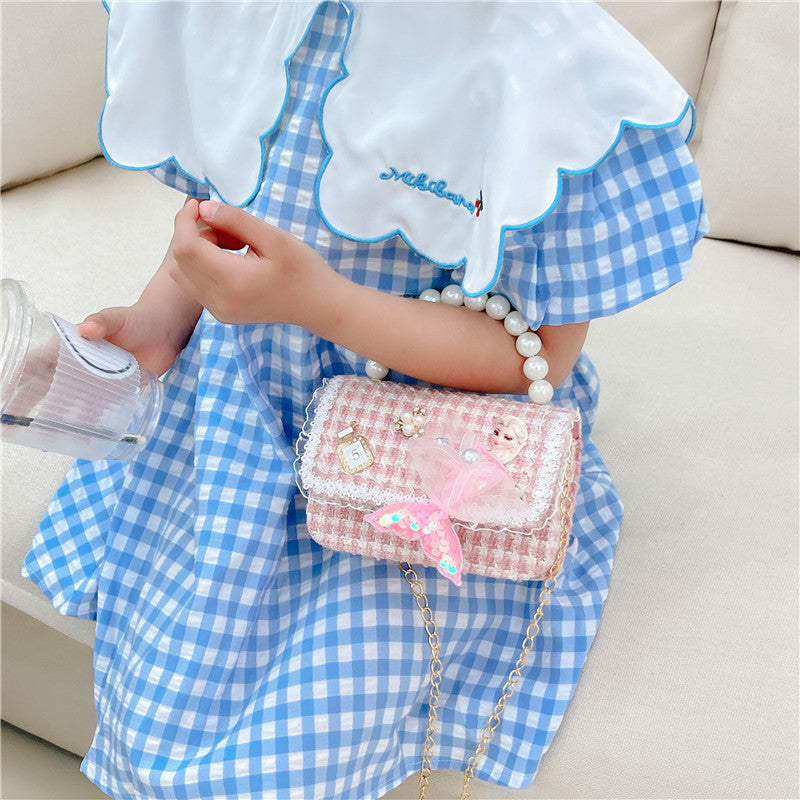 Children's messenger bag fashionable girl princess small fragrance style pearl hand-held change small shoulder bag cute girl shoulder bag 