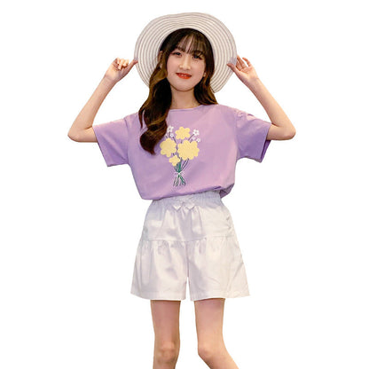 Girls summer suit short-sleeved shorts two-piece suit printed bow tie middle and large children's cotton elastic fashionable trend