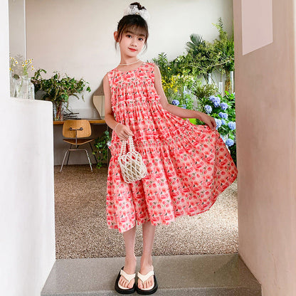 Girls summer cotton skirt pure cotton dress floral Korean vest skirt middle and older children primary school middle school foreign style fashionable