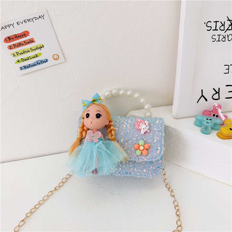 New style children's bag fashion pearl handbag cartoon doll shoulder bag girls chain crossbody bag wholesale 