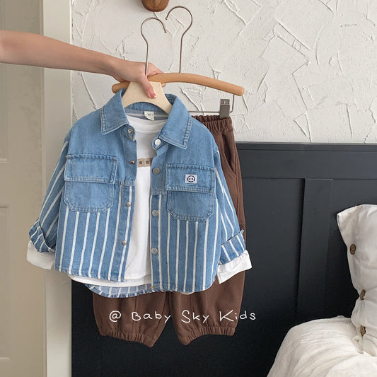 Children's denim jacket 2024 Bangcheng spring boys Korean vertical striped casual denim shirt handsome trend F031